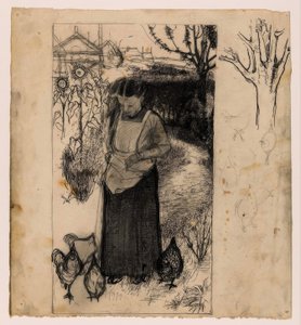 Annie Mankes-Zernike Feeding Chickens, Right: Studies of a Tree and Chickens