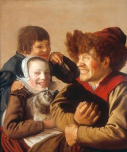 A Man Baring His Teeth with a Dog and a Girl with a Cat