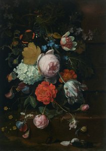 A Bouquet of Peonies, Tulips, Roses and Other Flowers on a Ledge, with Butterflies, a Snail and a Beetle