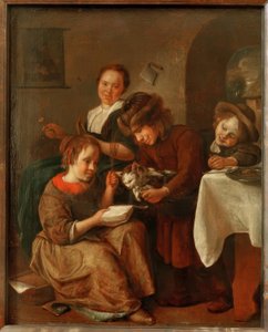 Children Teaching a Cat to Read