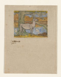 Deer by a Tree in Front of a Pond by Jan Toorop (signed by artist)