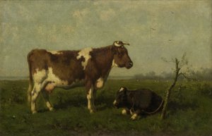 A Cow with her Calf in a Meadow