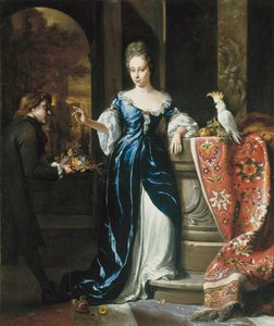 Portrait of Lodewina Schey in a Blue Dress, with an Attendant Bearing Flowers by Jan Baptist Weenix