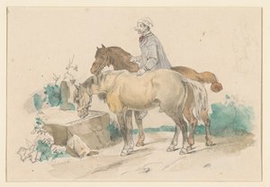 Farmer with Two Horses at a Water Trough by Jan Weissenbruch