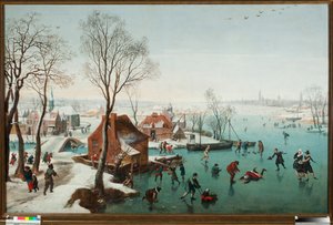 December, skaters on a lake by Jan Wildens