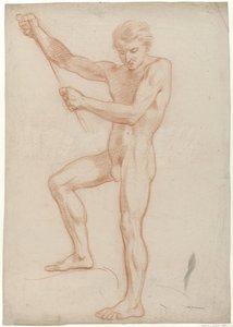 Standing Male Nude Holding a Stick with Raised Arms