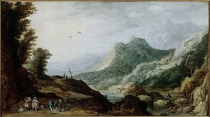 Mountain landscape with a peasant family on the roadside