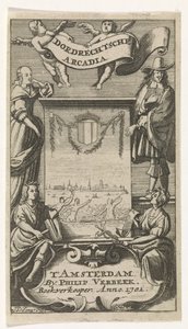 Four Figures Around Frame with View of Dordrecht (Title Page for: Dordrechtsche Arcadia, 1701) by Jan de Jonge