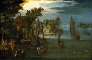 The Lively Bank of a River, with Dutch Boats and Passengers Boarding a Shuttle Boat for the Crossing
