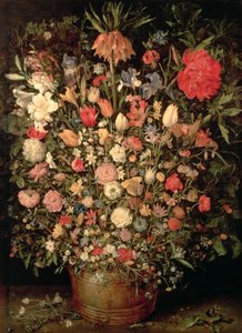 Large bouquet of flowers in a wooden tub by Jan the Elder Brueghel