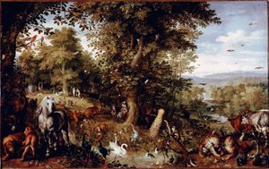 The Eternal Paradise. All the animals of creation represented in pairs. Painting by Jan Bruegel the former known as Bruegel de Velours by Jan the Elder Brueghel