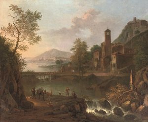 An Italianate River Landscape with a Muleteer and Anglers, a Hilltop Town Beyond