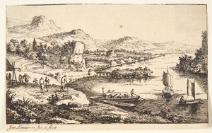 River Landscape with Travelers, a Barge, and Two Sailing Boats