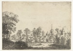 Landscape with View of Village and Man in Boat