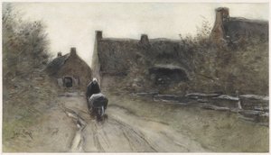 Village Scene with Woman with Wheelbarrow