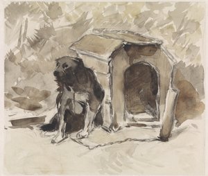 Dog, Leashed Sitting in Front of Its Kennel by Jan van Essen