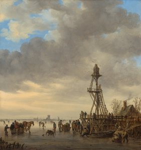 Winter Landscape with Frozen Lake, Skaters and Wooden Observation Tower