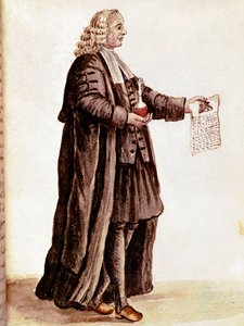 The apothecary holding in his hands a small vial and a prescription. Drawing in watercolour and ink from a manuscript by Jan van Grevenbroeck (1731-1807)