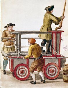 Use of a water pump or hydraulic pump. Watercolour drawing and ink from a manuscript by Jan van Grevenbroeck (1731-1807)