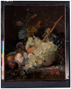 A Still Life Of Grapes and A Peach On A Stone Ledge