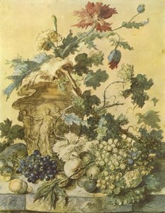 Flowers in an Urn Decorated with Figures Surrounded by Fruit on a Plinth by Jan van Huysum