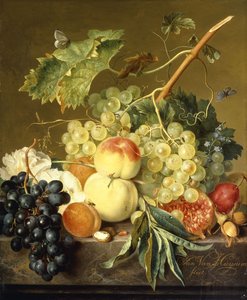 Fruit, Hazelnuts and Hollyhocks on a Marble Ledge