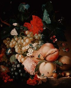 Mixed Flowers and Fruit with Insects on a Marble Plinth