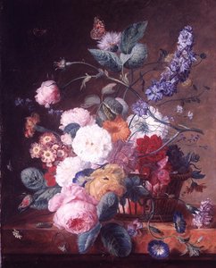Roses, Dahlia, Delphinium and other Flowers in a Basket on a Marble Ledge
