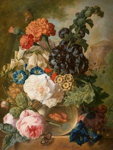 Roses, Chrysanthemums, Peonies and Other Flowers in a Glass Vase with Goldfish on a Stone Ledge