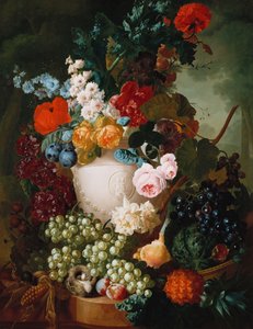 Roses, Poppies and Other Flowers in a Sculpted Vase with Fruit, a Mouse and a Bird