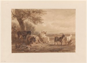 Cattle Under a Tree and a Man with a Basket by Jan van Ravenswaay