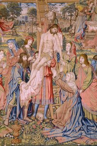 Flemish tapestry. Series The passion of Christ: Descent from the cross. Detail. by Jan van Roome