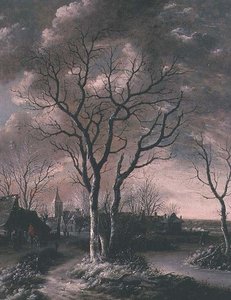 A Frozen River Landscape with Travellers on a Path