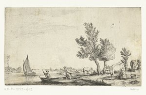 River Landscape with Two Men in a Rowboat by Jan van de Cappelle (attributed to)