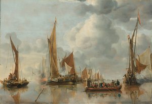 The Home Fleet Saluting the State Barge by Jan van de Cappelle