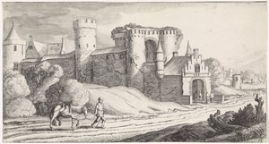 Farmer with a Horse on a Road by a Castle (series title: Pleasant Landscapes and Delightful Sights) by Jan van de Velde (II)