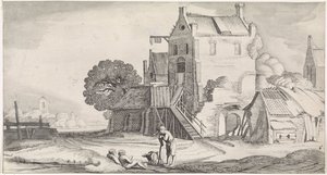 Three Conversing Figures at an Inn (series title: Pleasant Landscapes and Delightful Sights) by Jan van de Velde (II)