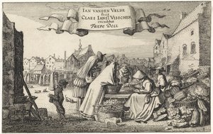 Figures at a Vegetable Stall in a Market (series title: Landscapes, Amenissimae Aliquot Requculae) by Jan van de Velde (II)