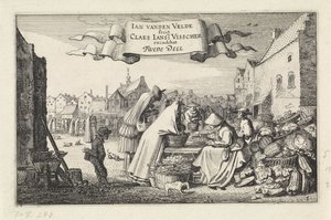 Figures at a Vegetable Stall in a Market (Landscapes) (Amenissimae Aliquot Requculae) by Jan van de Velde (II)