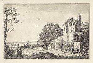 Figures by a House and Covered Wagons on a Country Road by Jan van de Velde (II)
