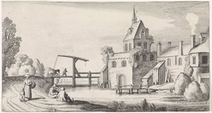 Figures by a Drawbridge in Front of a Village with Church Tower