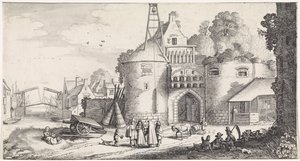 Figures at a City Gate Pleasant Landscapes and Amusing Views (series title) by Jan van de Velde (II)