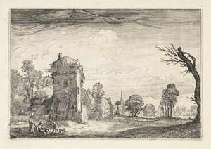 Hunters with Dogs by a Tower in a Landscape by Jan van de Velde (II)