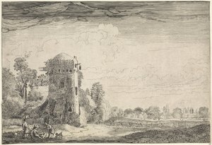 Hunters with Dogs by a Tower in a Landscape (series: Landscapes, Amenissimae aliquot requculae) by Jan van de Velde (II)