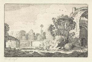 Man with a Dog by a Ruin (series title: Landscapes, Amenissimae Aliquot Requculae) by Jan van de Velde (II)