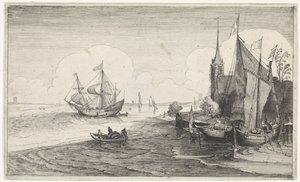 Ships off a coast near a church (Seascapes)
