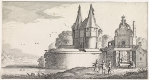 Soldiers at a Fort and a City Gate by a River (series title: Pleasant Landscapes and Delightful Sights) by Jan van de Velde (II)