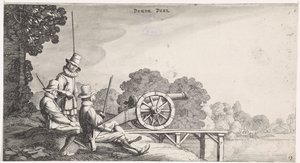 Soldiers by a Cannon on a Pier by a River (Playsante lantschappen ende vermakelycke gesichten) by Jan van de Velde (II)