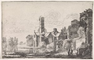 Two Monks by an Abbey in a River Landscape