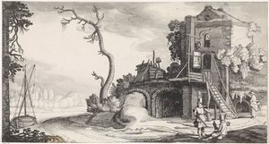 Two Falconers by a Tower Used as an Inn by Jan van de Velde (II)